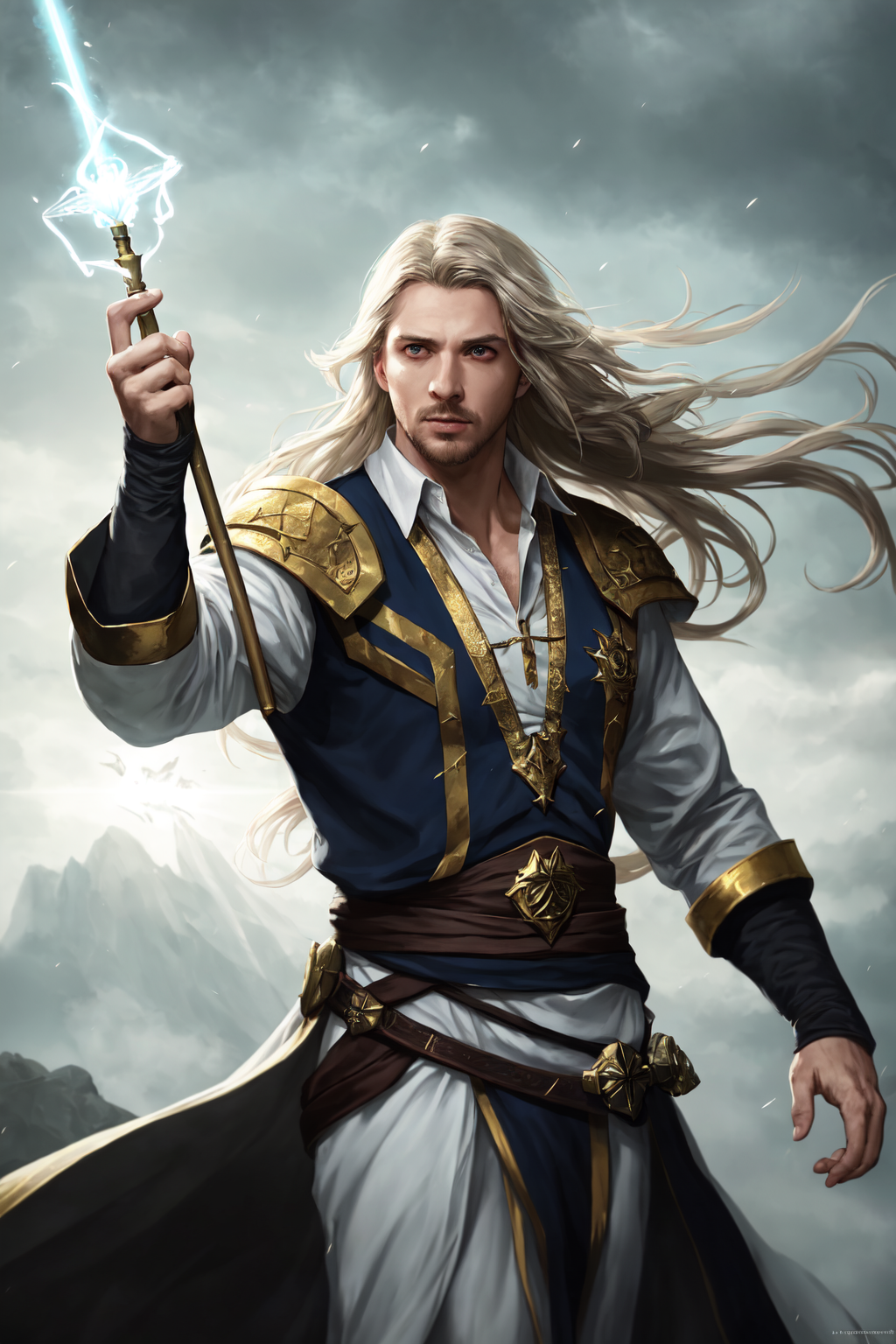 photorealistic photo of a handsome young male wizard, white wizard shirt with golden trim, white robe moving in the wind, ...